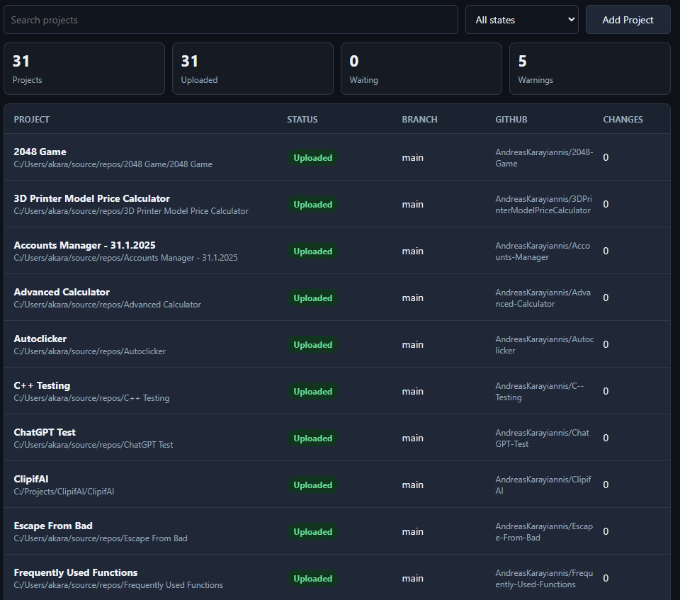 RepoDock project detail screen showing GitHub actions and repository status
